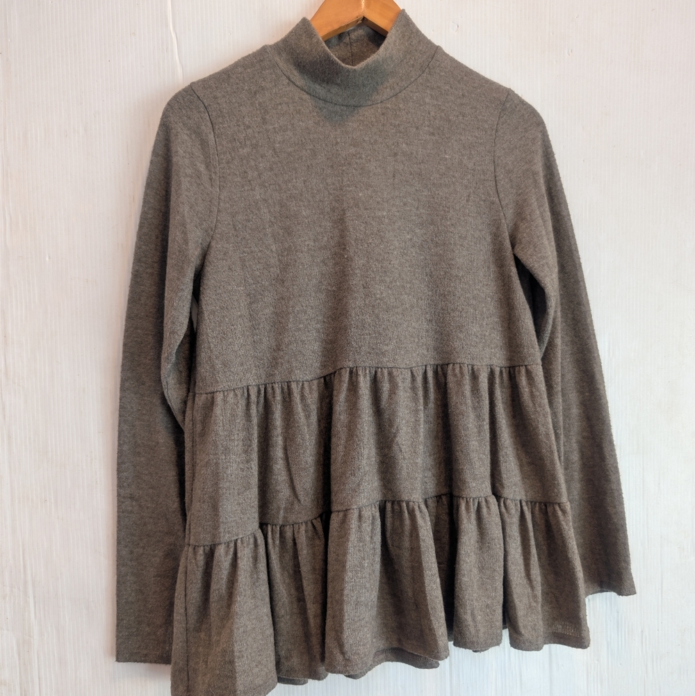 ENTRO Women's Brown Cozy Tiered Ruffle Long Sleeve Sweater Top Boho - Picture 2 of 6